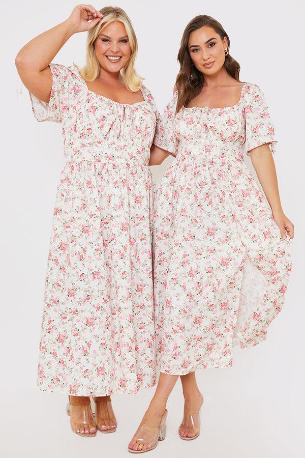 In The Style In The Style Ditsy Floral Print Puff Sleeve Sweetheart Midi Dress Pink