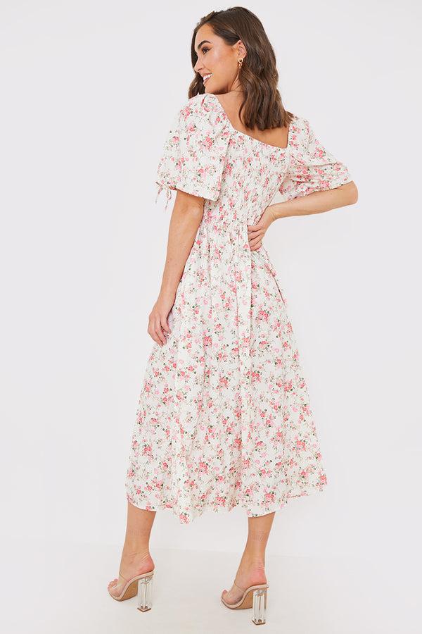 In The Style In The Style Ditsy Floral Print Puff Sleeve Sweetheart Midi Dress Pink