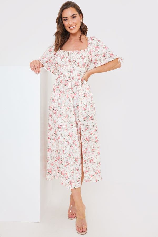 in the style In the Style Ditsy Floral Print Puff Sleeve Sweetheart Midi Dress Pink