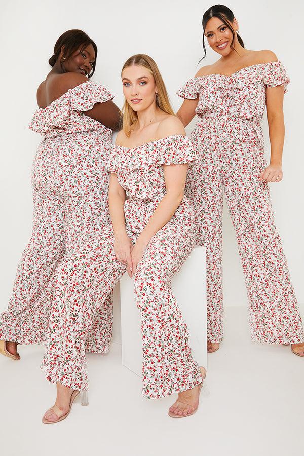 In The Style In The Style Ditsy Floral Print Wrap Bardot Jumpsuit Cream