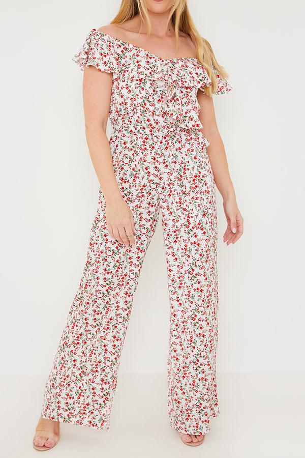 In The Style In The Style Ditsy Floral Print Wrap Bardot Jumpsuit Cream