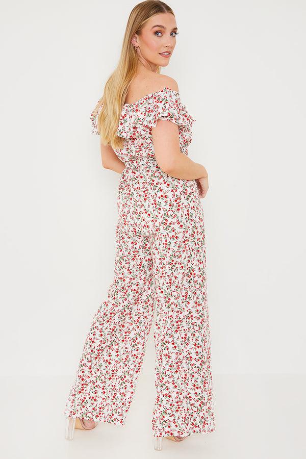 In The Style In The Style Ditsy Floral Print Wrap Bardot Jumpsuit Cream