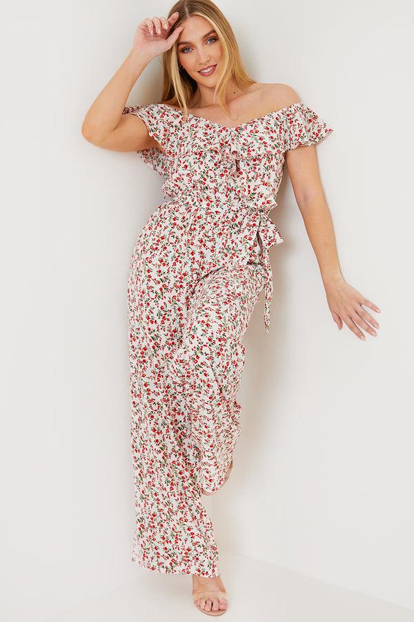 in the style In the Style Ditsy Floral Print Wrap Bardot Jumpsuit Cream