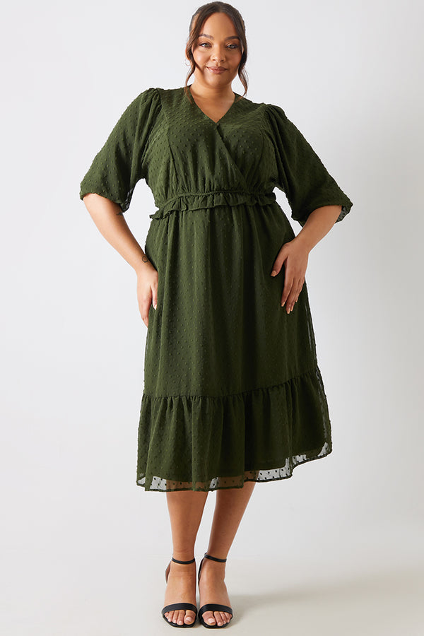in the style In the Style Dobby Chiffon Frill Detail Midi Dress Green