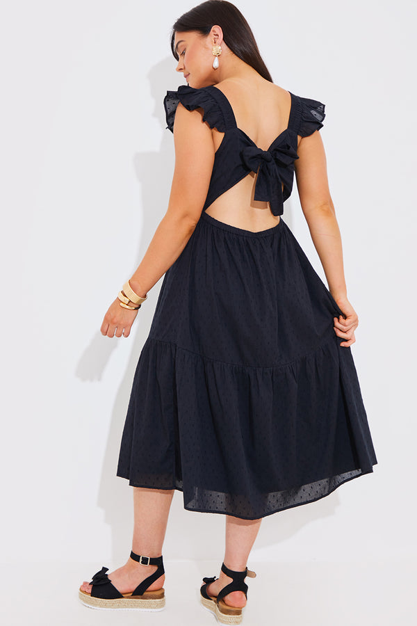 In The Style In The Style Dobby Frill Strap Tie Back Detail Tiered Midi Dress Black