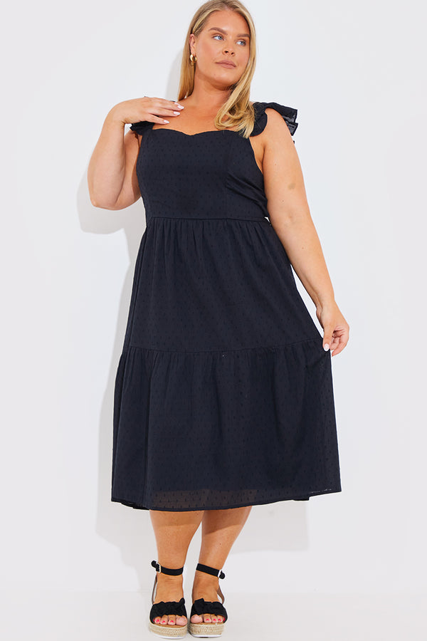 In The Style In The Style Dobby Frill Strap Tie Back Detail Tiered Midi Dress Black