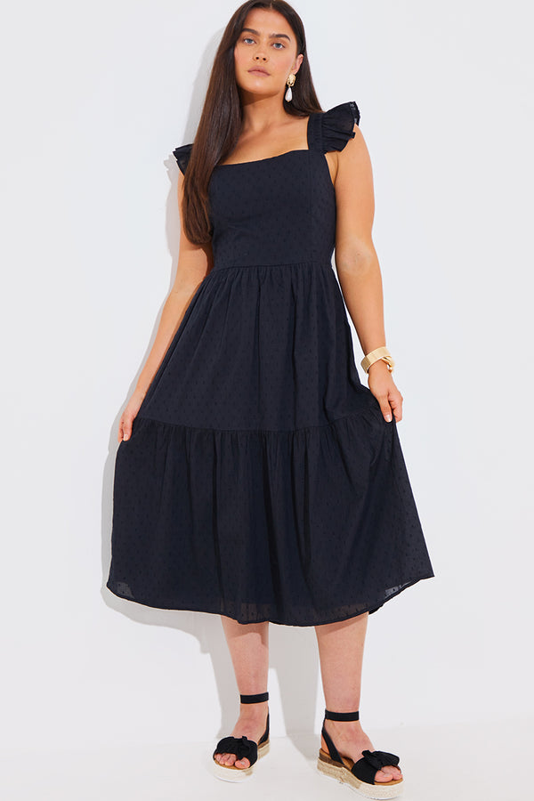 in the style In The Style Dobby Frill Strap Tie Back Detail Tiered Midi Dress Black