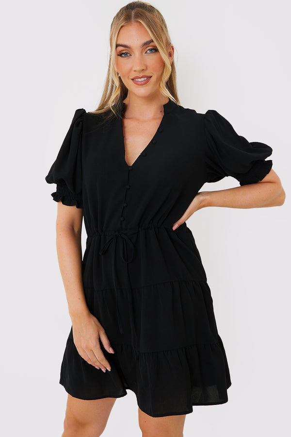 in the style In the Style Drawstring Waist Balloon Sleeve Mini Dress Black