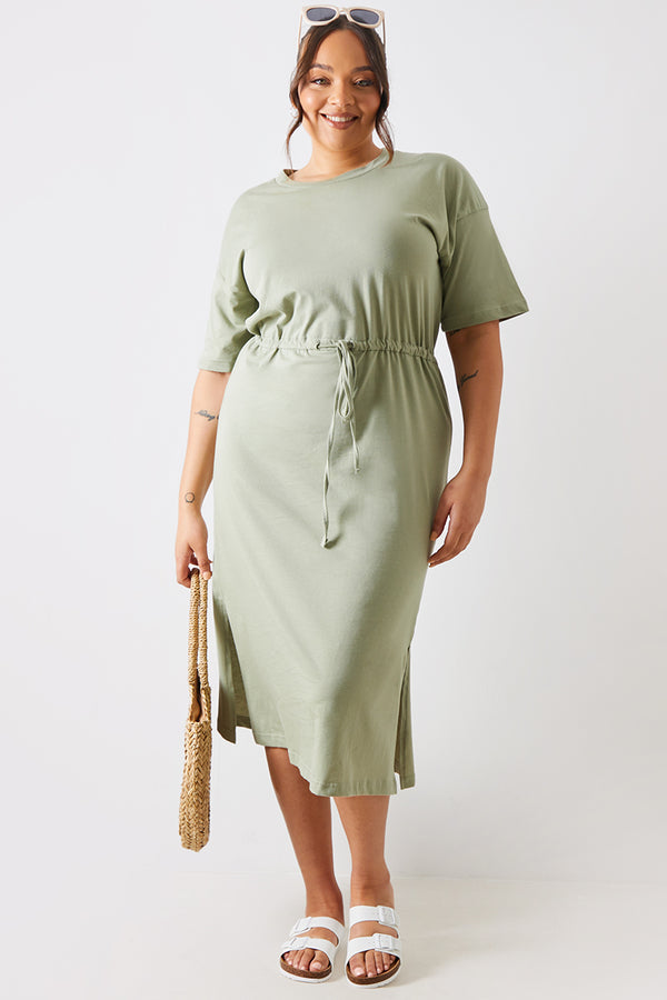 In The Style In The Style DRAWSTRING WAIST SPLIT HEM TSHIRT DRESS Khaki