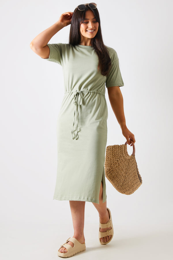 in the style In the Style DRAWSTRING WAIST SPLIT HEM TSHIRT DRESS Khaki