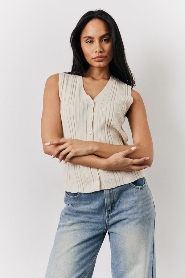 in the style In The Style Ecru Ribbed Button Up Knitted Waistcoat Ecru