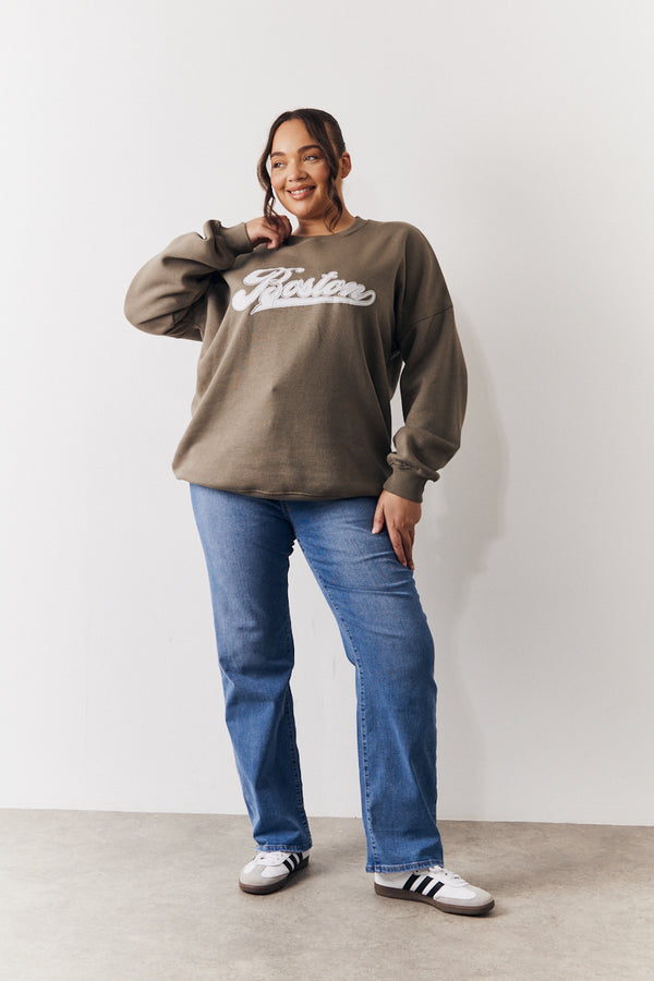 In The Style In The Style Embroidered Boston Slogan Crew Neck Sweater Sage
