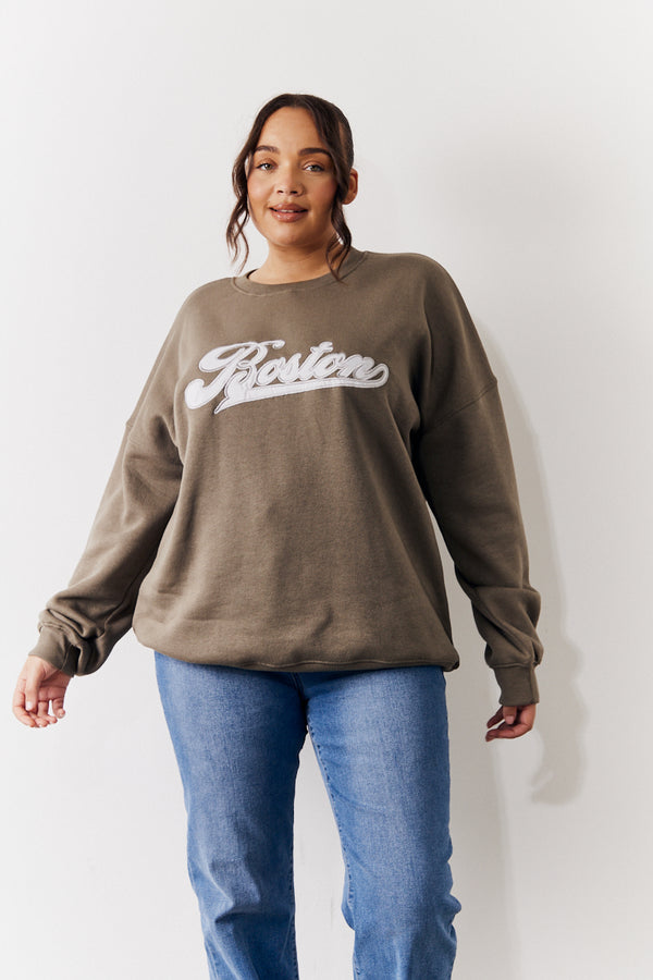 in the style In The Style Embroidered Boston Slogan Crew Neck Sweater Sage