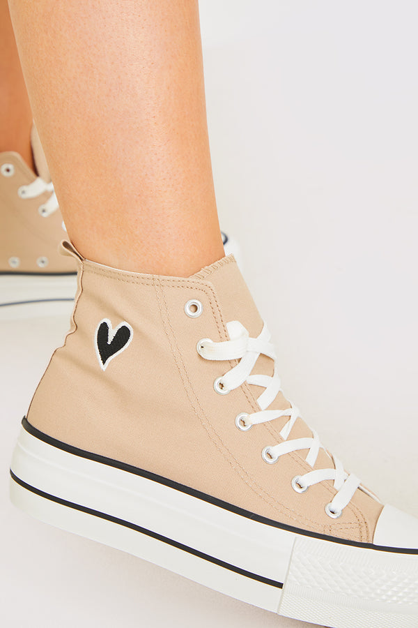 In The Style In The Style Embroidered Heart Detail Lace Up High Top Trainers Nude