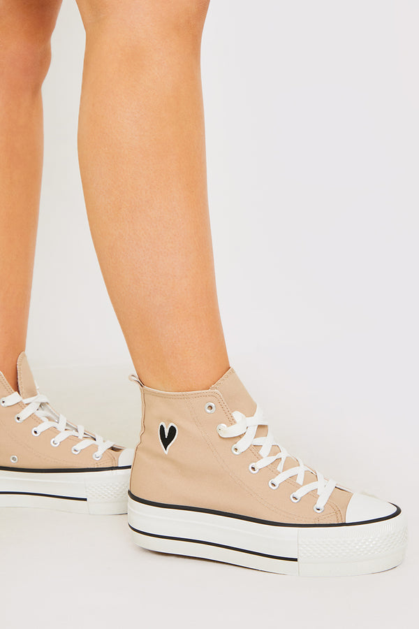 in the style In The Style Embroidered Heart Detail Lace Up High Top Trainers Nude