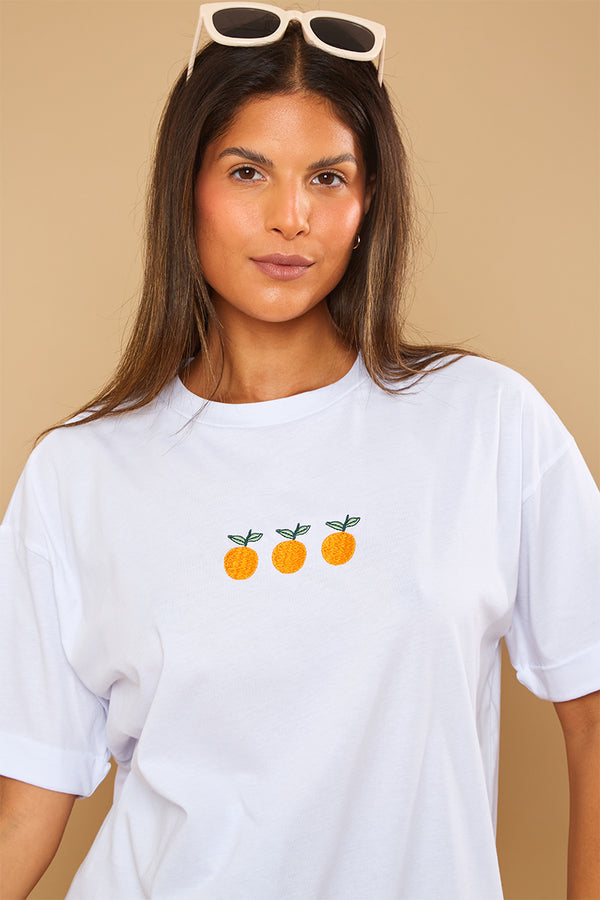 In The Style In The Style Embroidered Orange Recycled Cotton T-Shirt Cream