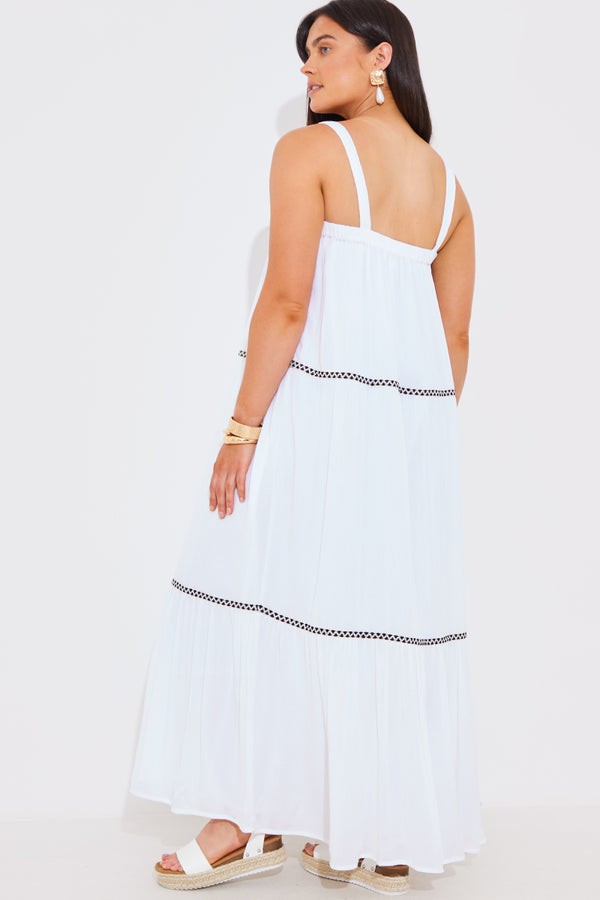In The Style In The Style Embroidered Trim Tiered Maxi Dress White