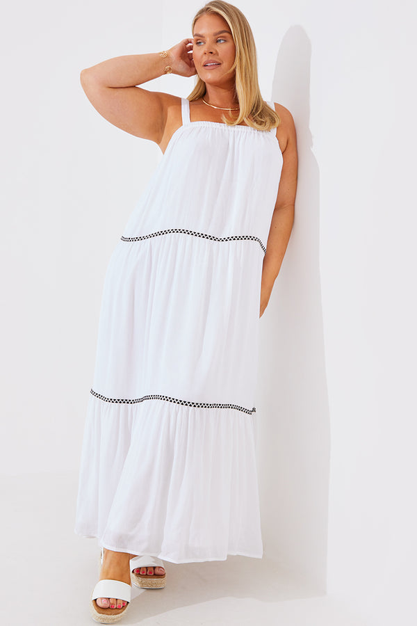 In The Style In The Style Embroidered Trim Tiered Maxi Dress White