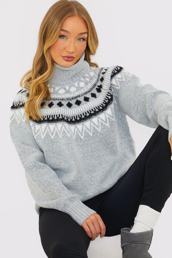 in the style In the Style Fairisle Roll Neck Jumper Grey