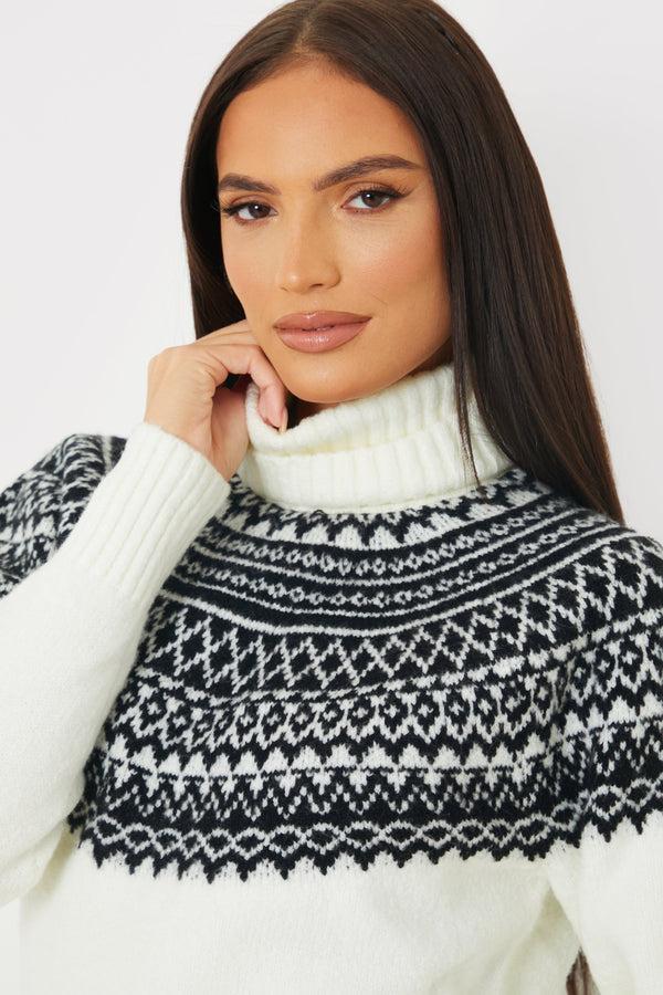 In The Style In The Style Fairisle Roll Neck Longline Knit Jumper White