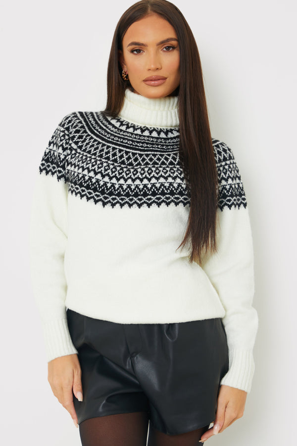 in the style In the Style Fairisle Roll Neck Longline Knit Jumper White