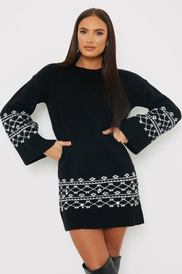 In The Style In The Style Fairisle Sleeve Detail Knit Mini Dress Black