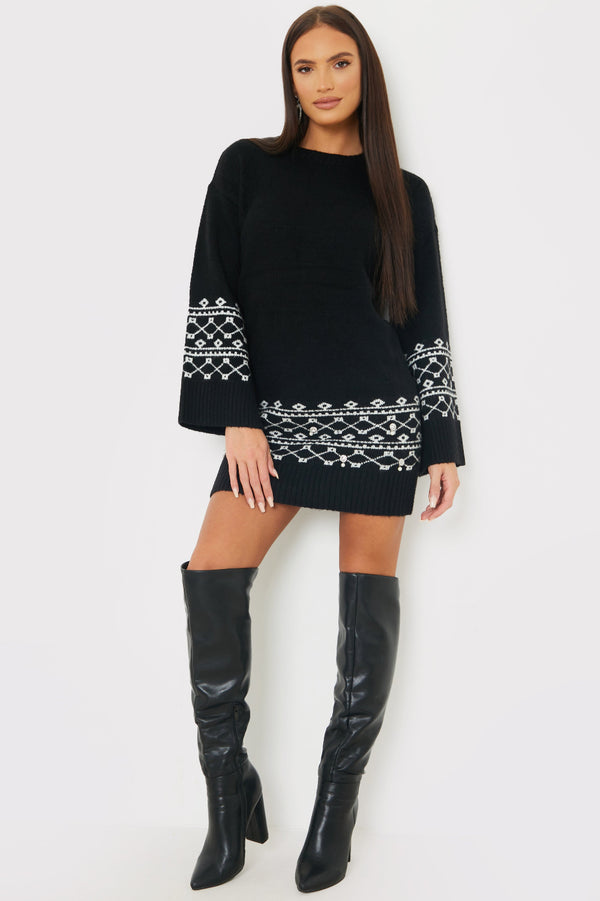 in the style In the Style Fairisle Sleeve Detail Knit Mini Dress Black