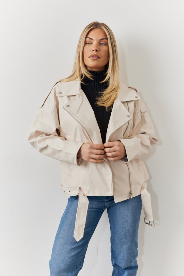 in the style In the Style Faux Leather Biker Jacket Cream