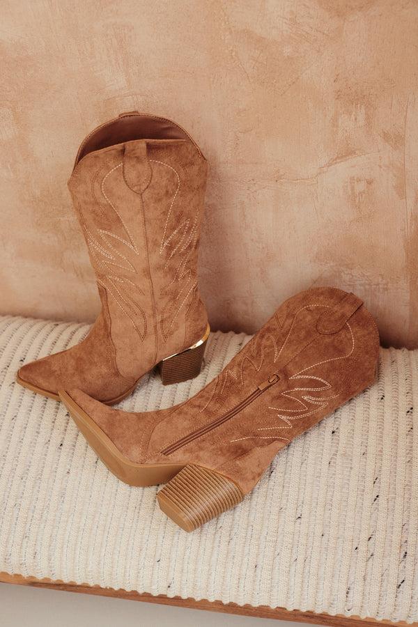 In The Style In The Style Faux Suede Embroidered Cowboy Boot Camel