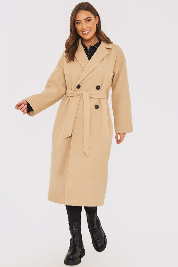 in the style In the Style Faux Wool Belted Longline Coat Camel