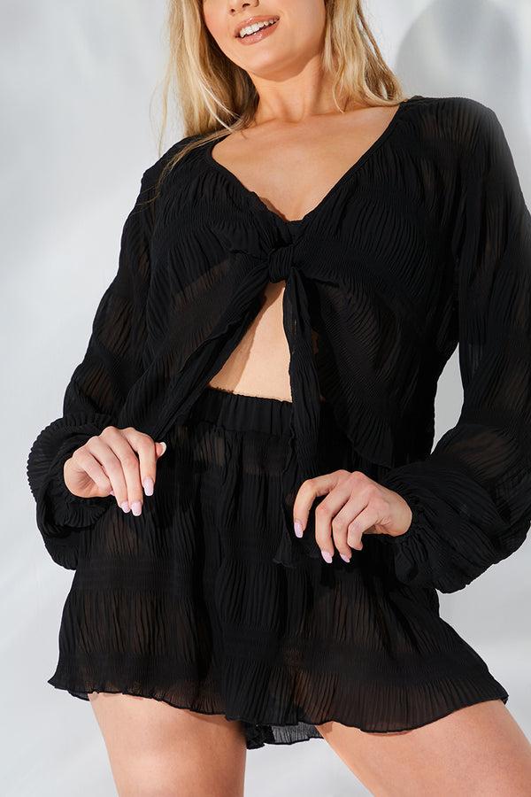 In The Style Fits Crinkle Tie Front Blouse Black