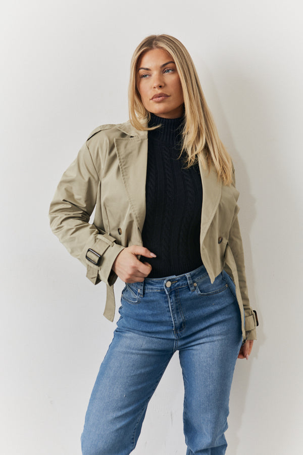in the style Fits Cropped Belted Trench Coat Khaki