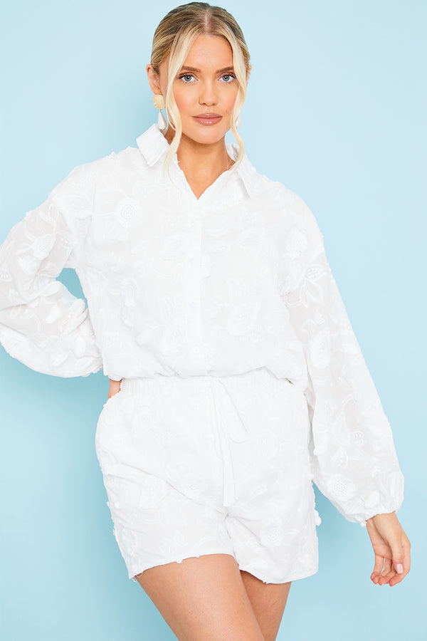 in the style In the Style Floral Applique Co-Ord Shirt White