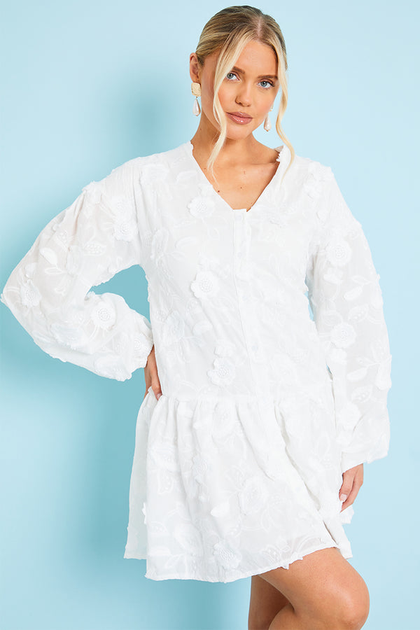 in the style In the Style Floral Applique Drop Waist Mini Smock Dress White