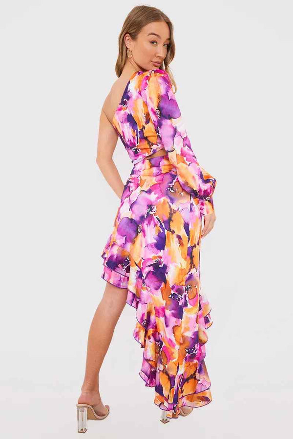 In The Style In The Style Floral Asymmetric Frill Maxi Dress Orange