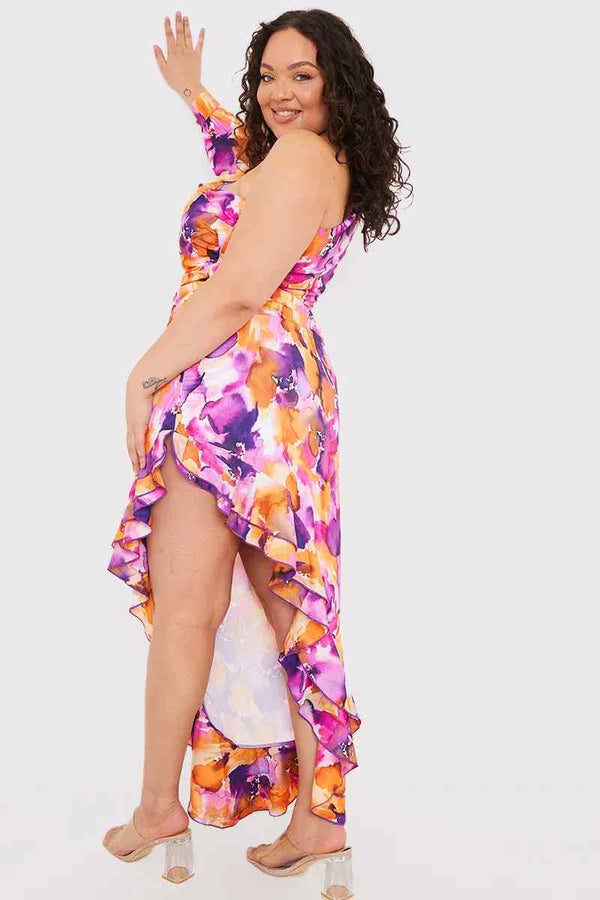 In The Style In The Style Floral Asymmetric Frill Maxi Dress Orange