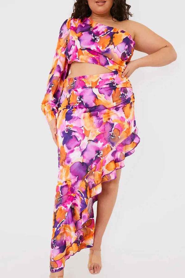 In The Style In The Style Floral Asymmetric Frill Maxi Dress Orange