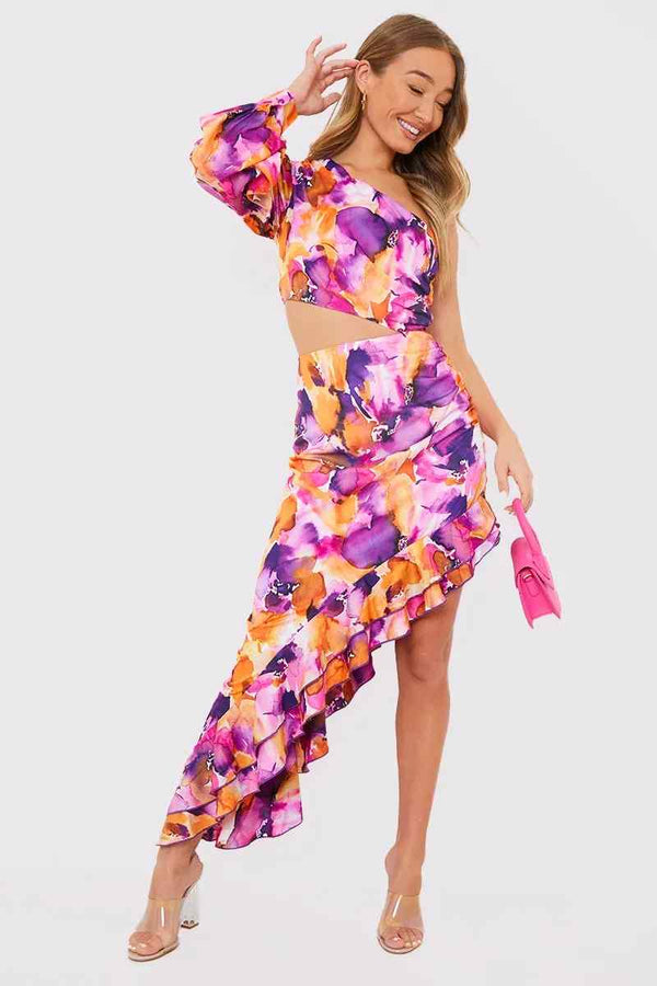 in the style In the Style Floral Asymmetric Frill Maxi Dress Orange