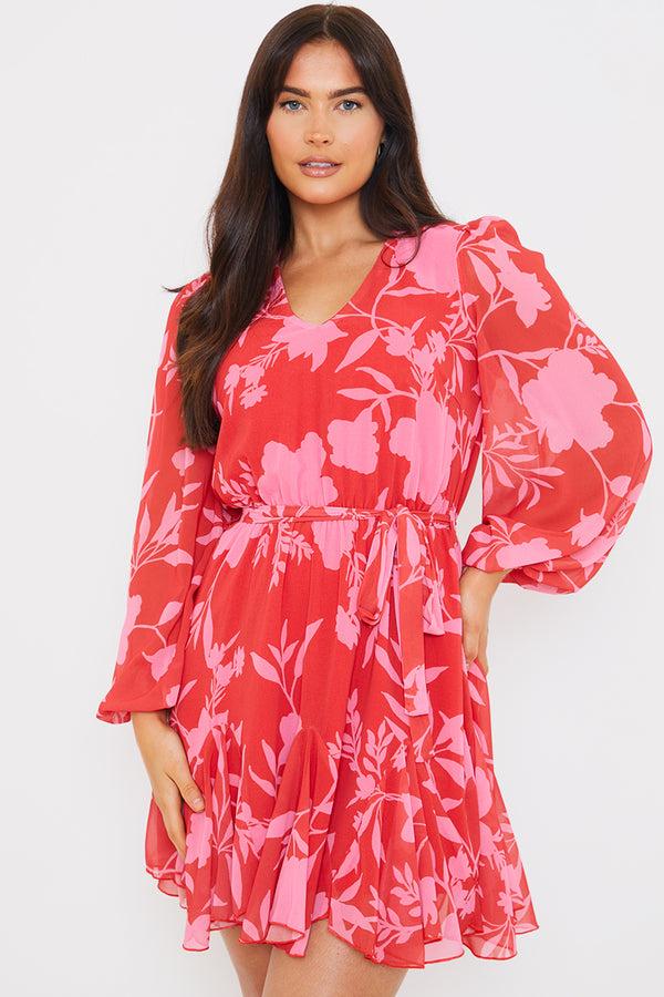 In The Style In The Style Floral Balloon Sleeve Godet Skater Mini Dress Red