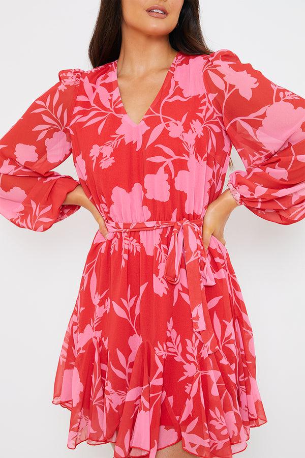 In The Style In The Style Floral Balloon Sleeve Godet Skater Mini Dress Red