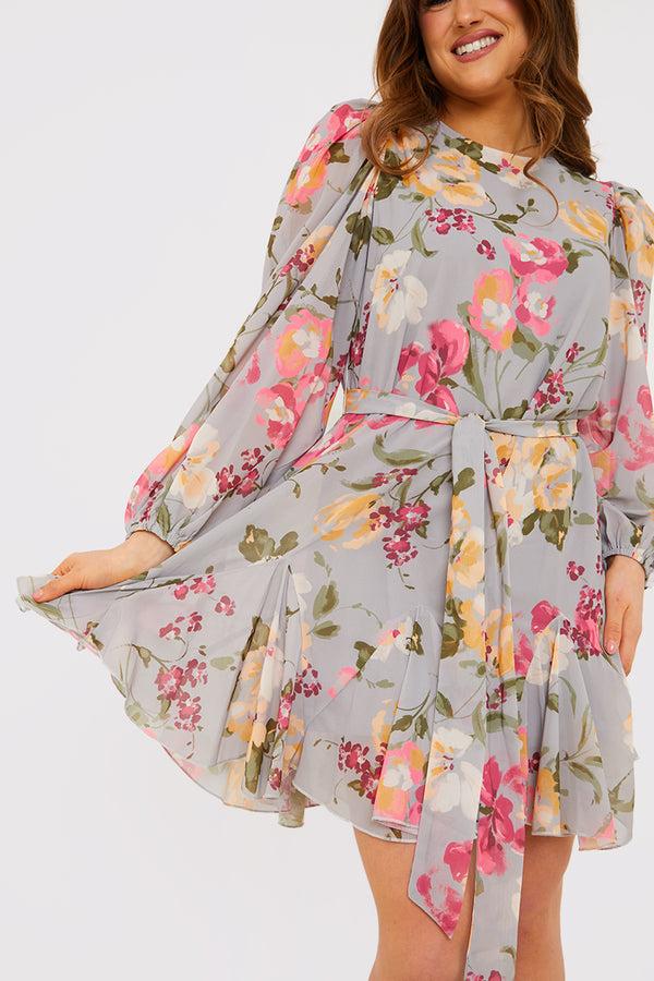 In The Style In The Style Floral Balloon Sleeve Mini Dress With Godet Detail Grey