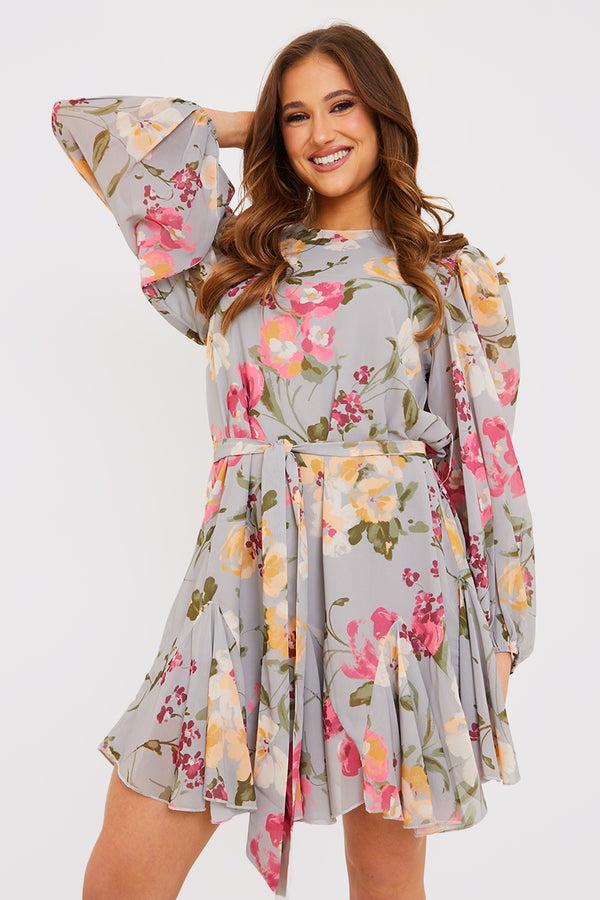 in the style In the Style Floral Balloon Sleeve Mini Dress With Godet Detail Grey