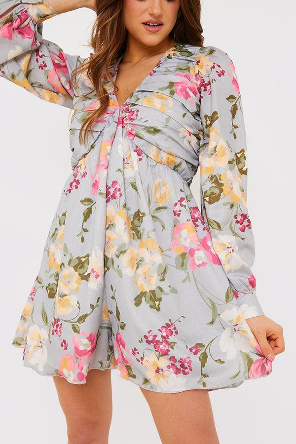In The Style In The Style Floral Balloon Sleeve Ruched Bodice Playsuit Grey