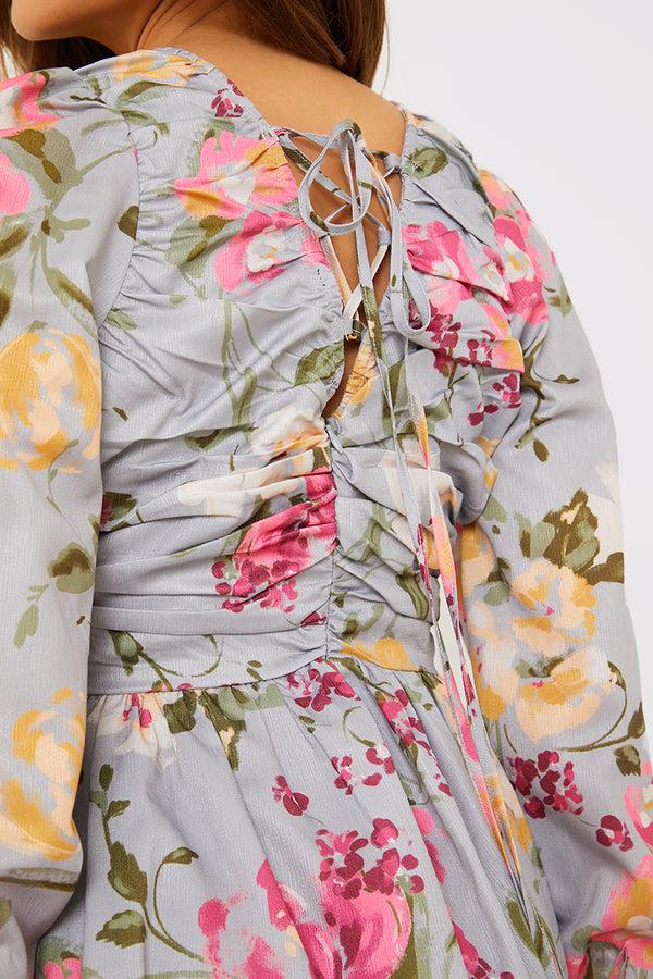 In The Style In The Style Floral Balloon Sleeve Ruched Bodice Playsuit Grey