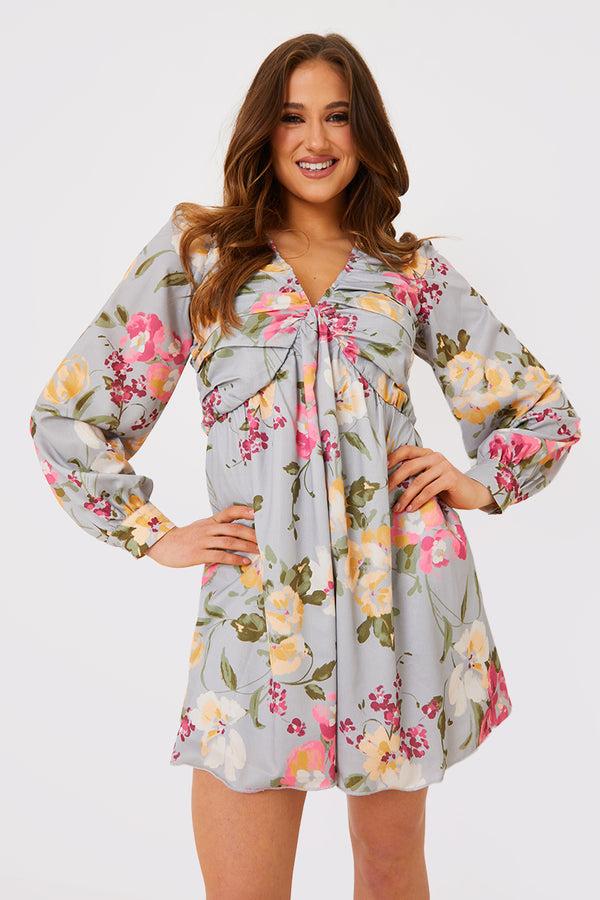 in the style In the Style Floral Balloon Sleeve Ruched Bodice Playsuit Grey