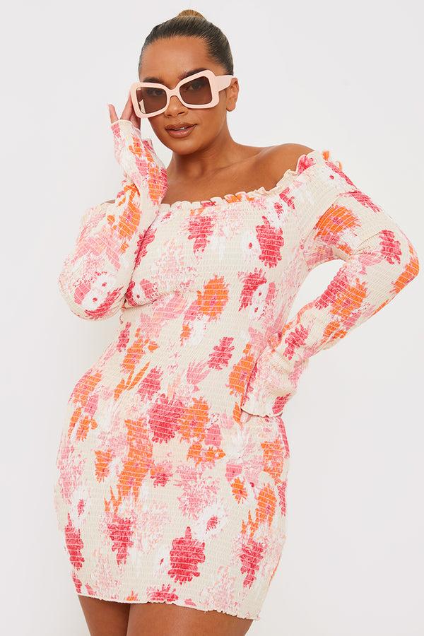 In The Style In The Style Floral Bardot Shirred Long Sleeve Mini Dress Pink