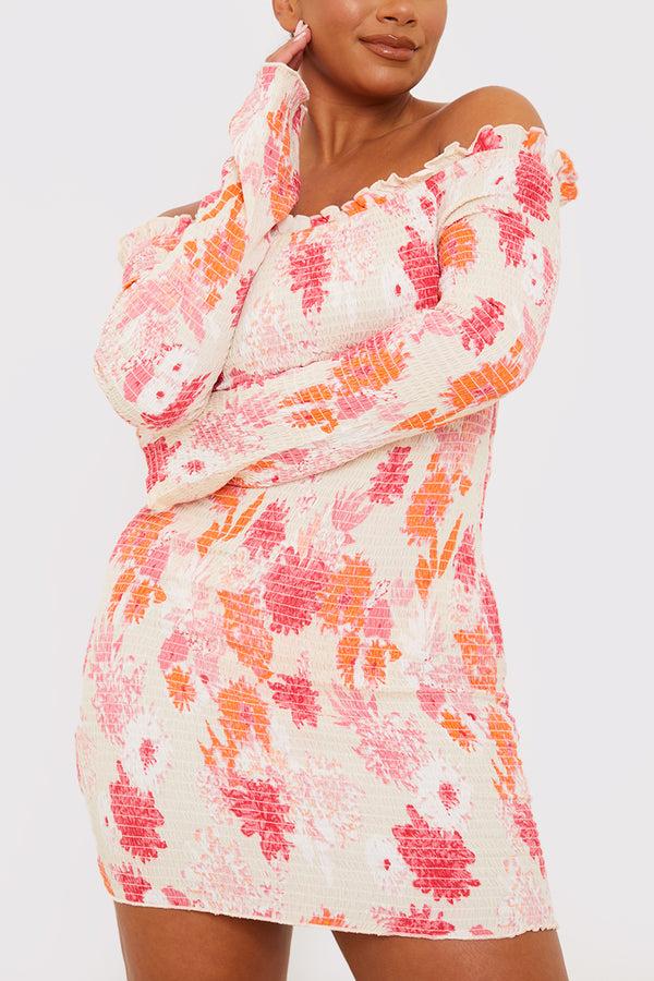 In The Style In The Style Floral Bardot Shirred Long Sleeve Mini Dress Pink