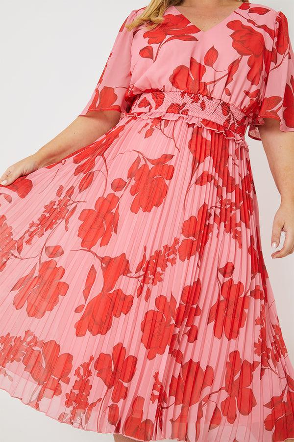 In The Style In The Style Floral Chiffon Angel Sleeve Pleated Midi Dress Pink