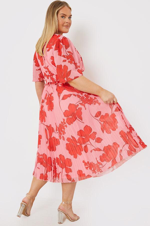 In The Style In The Style Floral Chiffon Angel Sleeve Pleated Midi Dress Pink