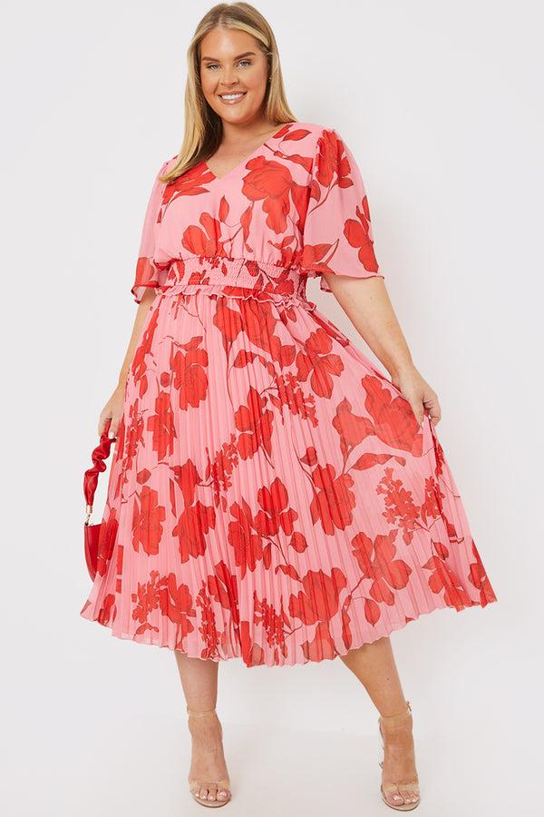 in the style In the Style Floral Chiffon Angel Sleeve Pleated Midi Dress Pink